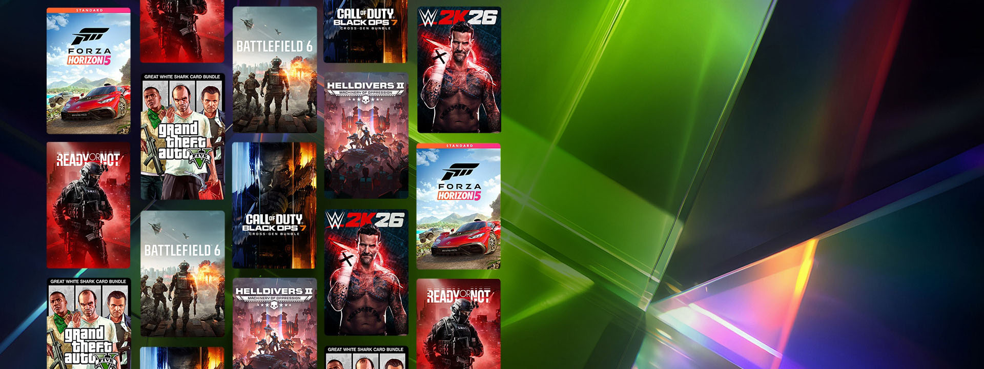 Cover art from games that are part of the Ultimate Game Sale including Forza Horizon 5, Battlefield 6, and WWE 2K26