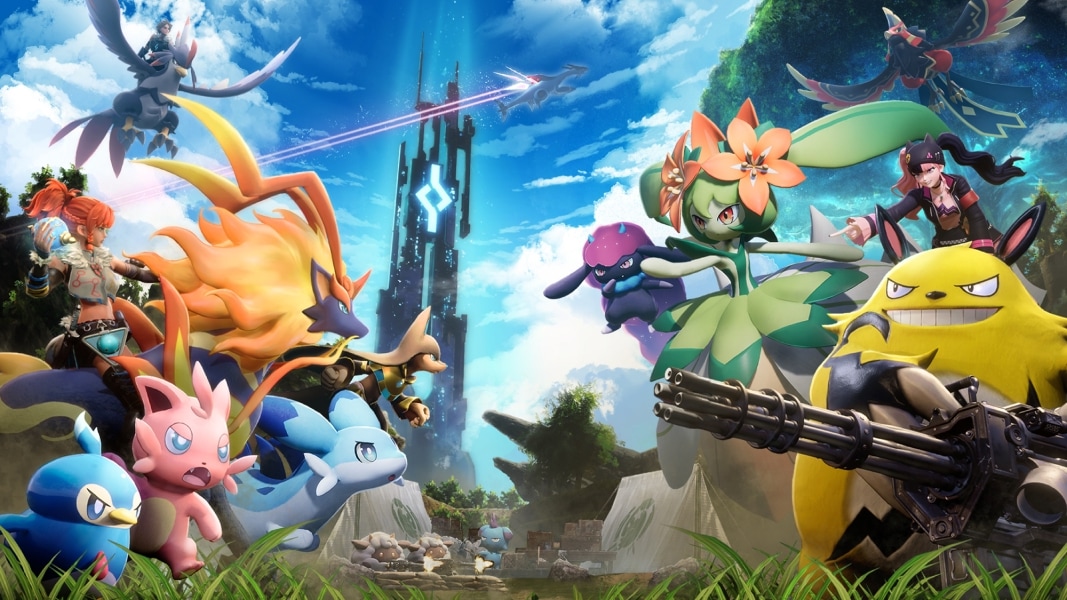 A group of Pals stand in a grassy field with a tall and dark tower in the background. A flying Pal soars through the sky in the background. 