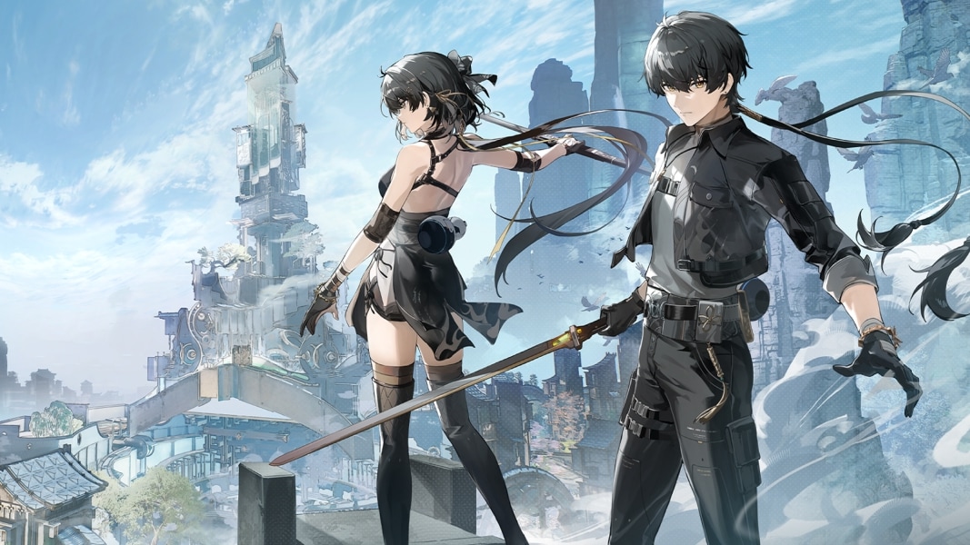 Two characters from Wuthering Waves posing with a city in the background