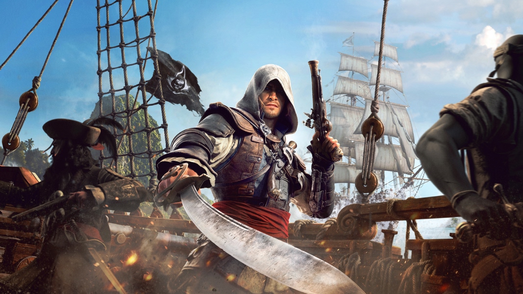 Armored character holding a curved sword stands on the deck of a wooden sailing ship during a naval battle.