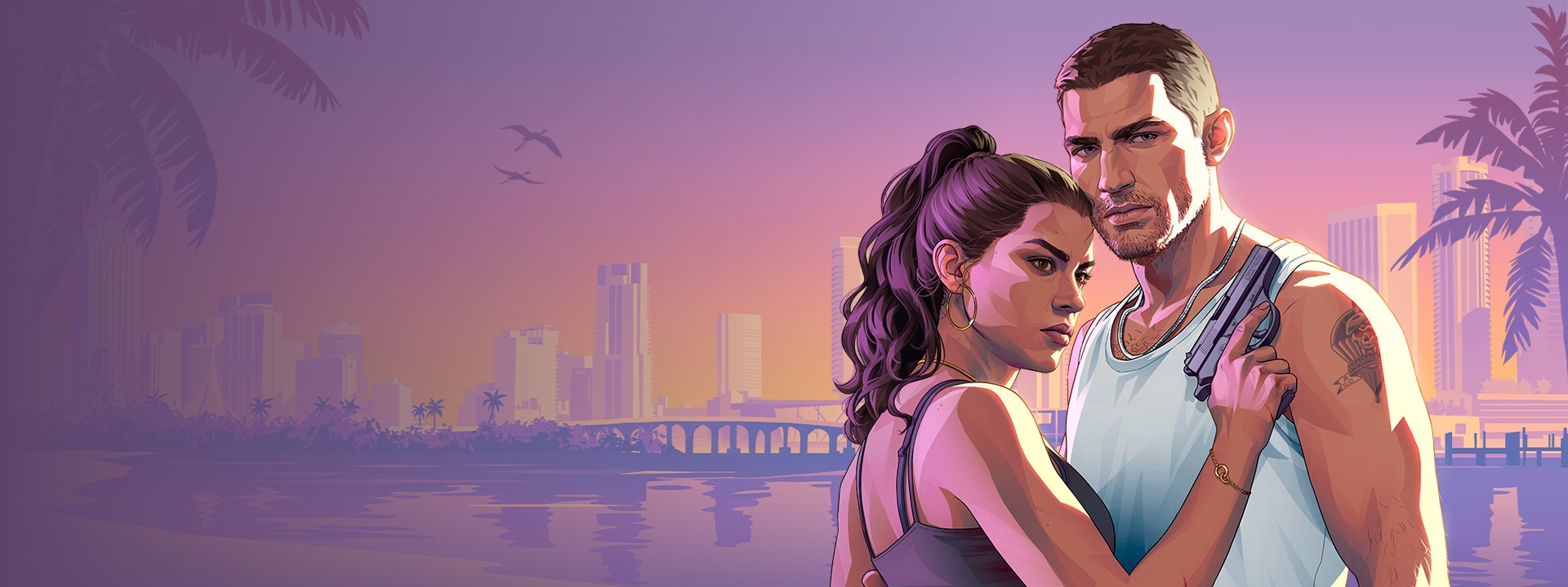 Jason Duval and Lucia Caminos stand outdoors in a sunlit, tropical urban setting, with palm trees, cars, and low-rise buildings in the background