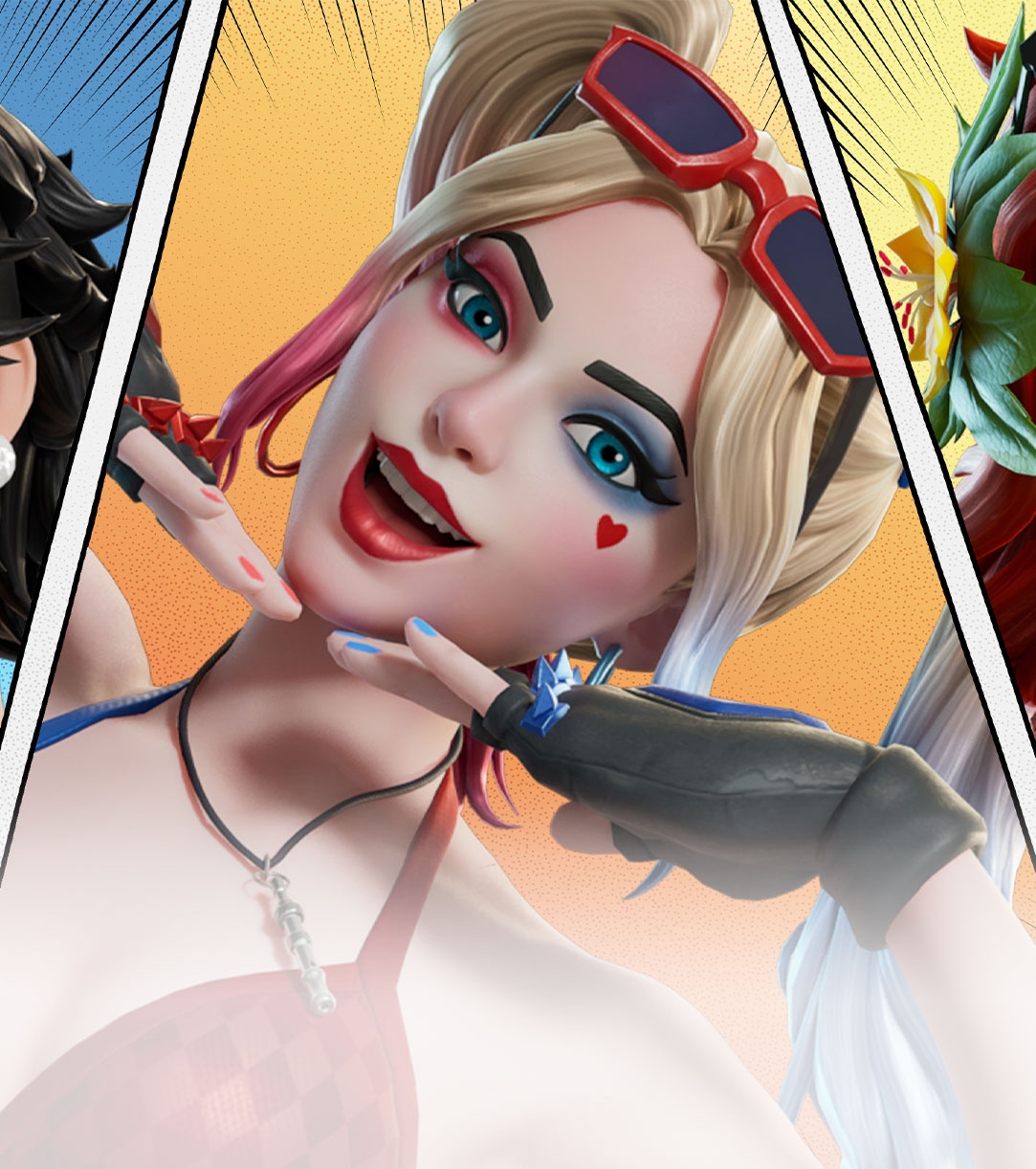 Three comic-style game characters in a colorful split-panel portrait.