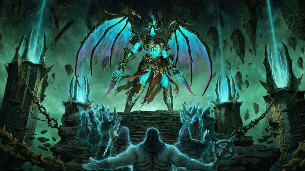 An imposing horned figure made of energy wearing metallic armor stands surrounded by floating rubble. 