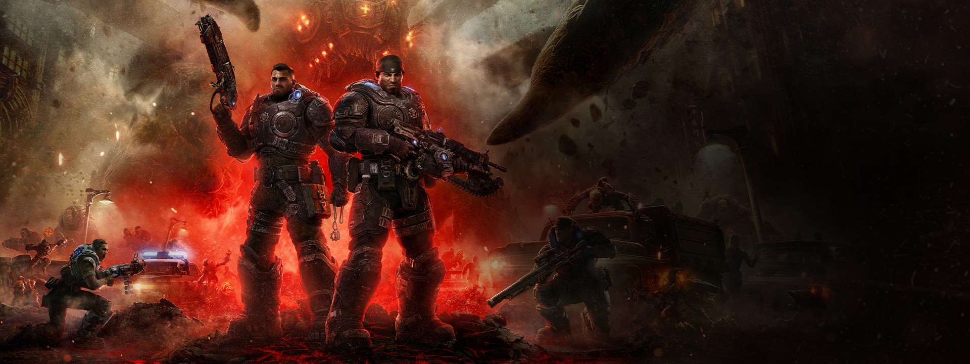 Marcus and Dom hold their weapons, while the chaos of Emergence Day unfolds around them. 