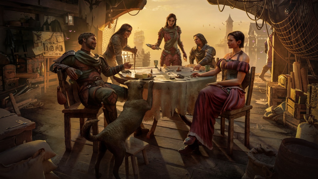 A guild of five gathers around a table with their canine companion. 